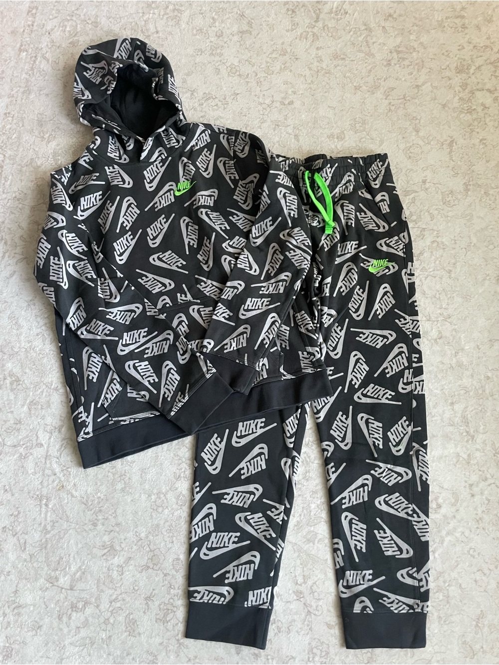Nike Black Allover Logo Kids Jogger Sweatpants with Neon Green Accents